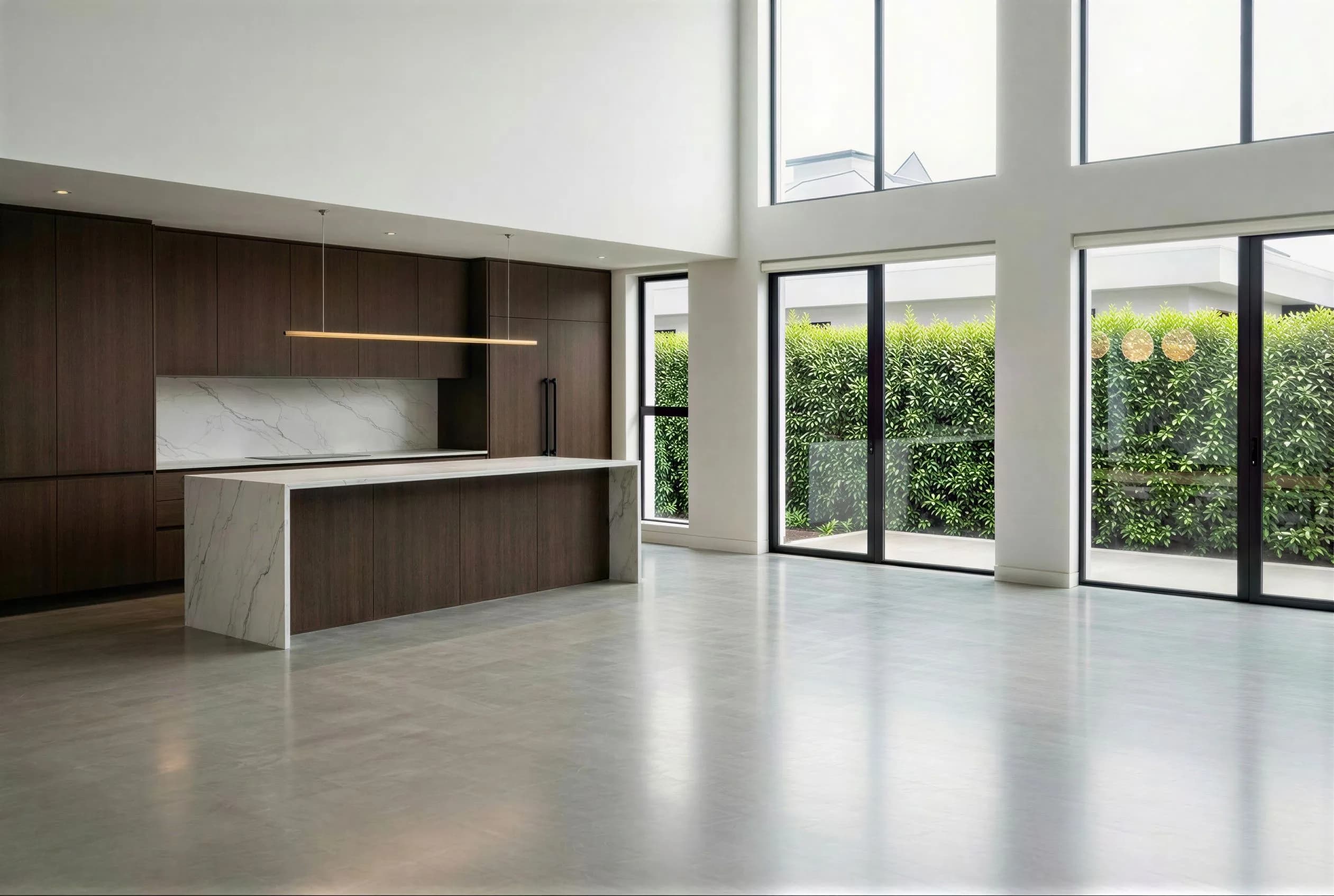 Before virtual staging of an open-concept living, dining, and kitchen area with balcony view in a modern real estate listing