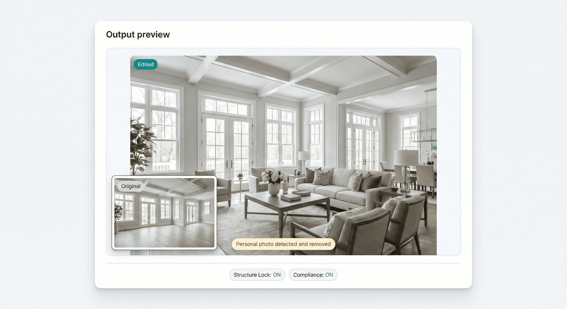Listing photo output preview showing AI-enhanced living room with compliance fixes, personal photo removal, and structure lock enabled.