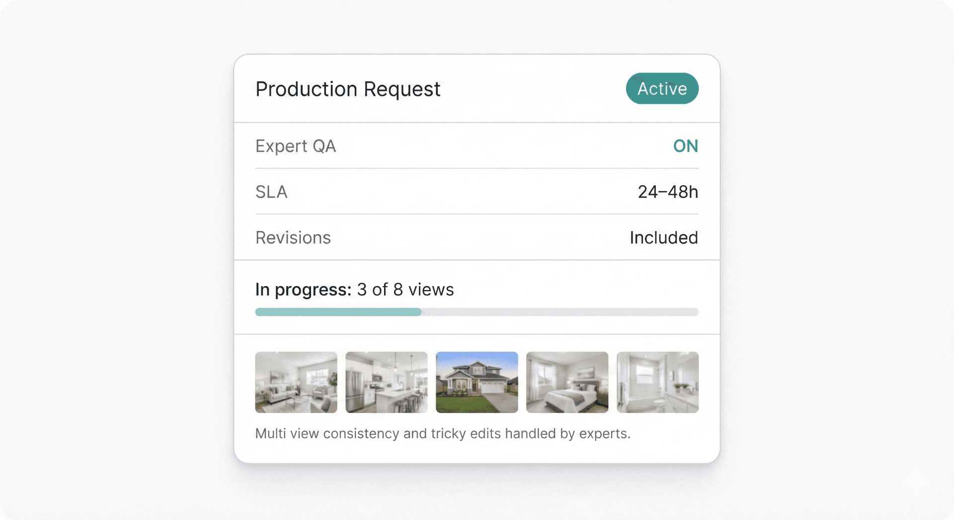 Expert Services production request dashboard showing Expert QA enabled, 24–48h SLA, revisions included, and multi-view listing edits in progress.