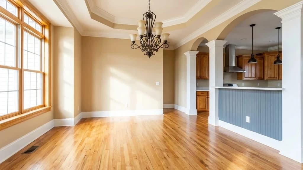 Before - Before and after virtual staging of an empty dining room staged with table, chairs, and décor for a real estate listing.