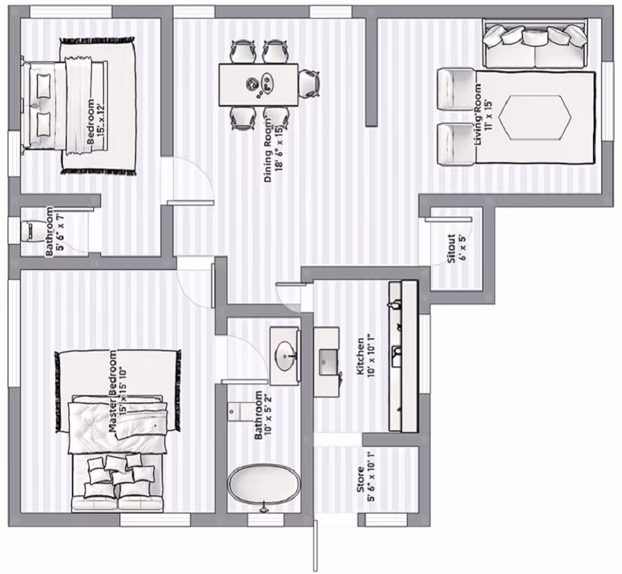 2D black and white floor plan with furniture