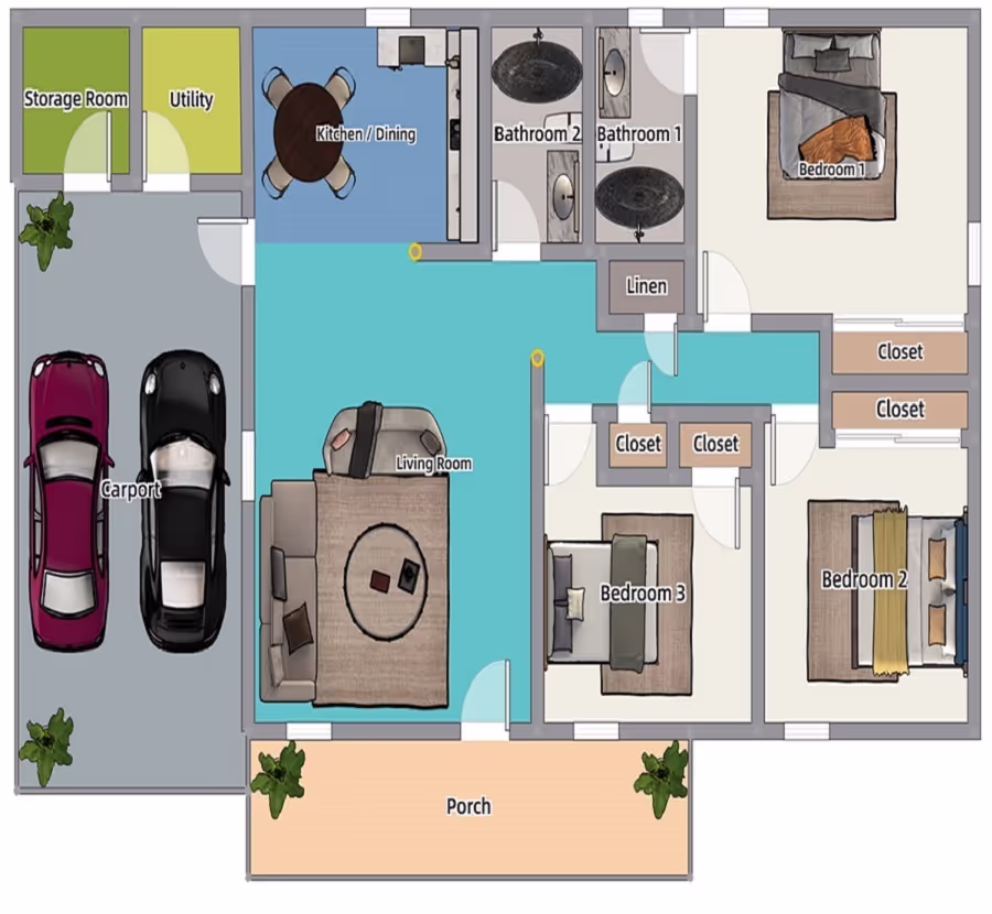 2D color floor plan with furniture